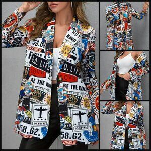NWOT Open Front Blazer Women's Vibrant Graphic Print - Casual Long Sleeve Jacket